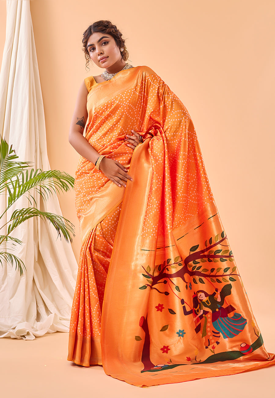 Orange Bandhej Original Paithani Silk Woven Saree