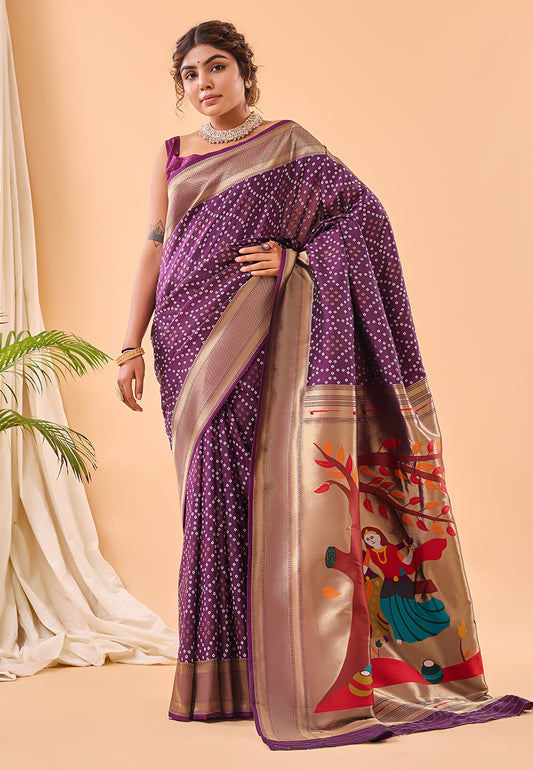 Magenta Purple Bandhej Original Paithani Silk Woven Saree
