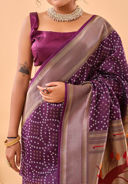 Magenta Purple Bandhej Original Paithani Silk Woven Saree