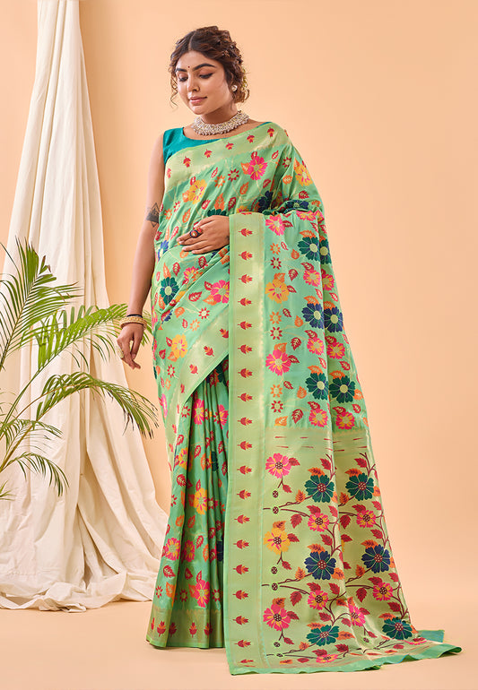 Pistachio Green Radhika Kashmiri Pashmina Jaal Silk Woven Saree