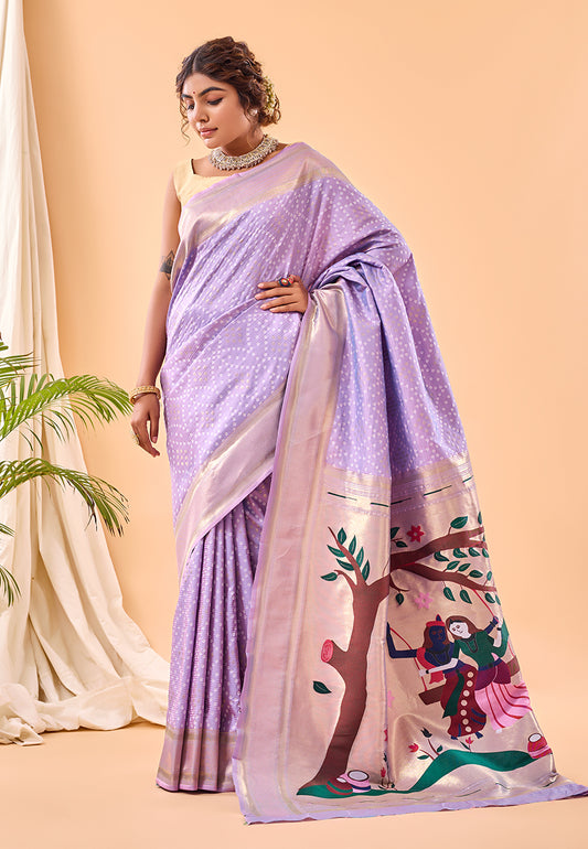 Lavender Bandhej Original Paithani Silk Woven Saree