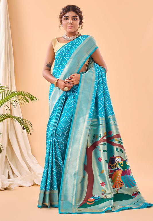 Aqua Blue Bandhej Original Paithani Silk Woven Saree