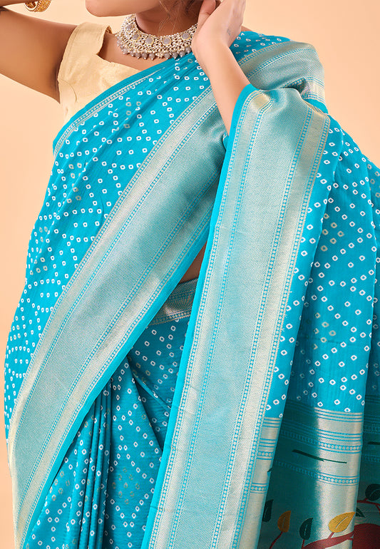 Aqua Blue Bandhej Original Paithani Silk Woven Saree