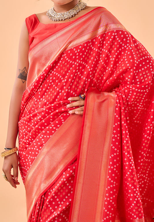 Red Bandhej Original Paithani Silk Woven Saree