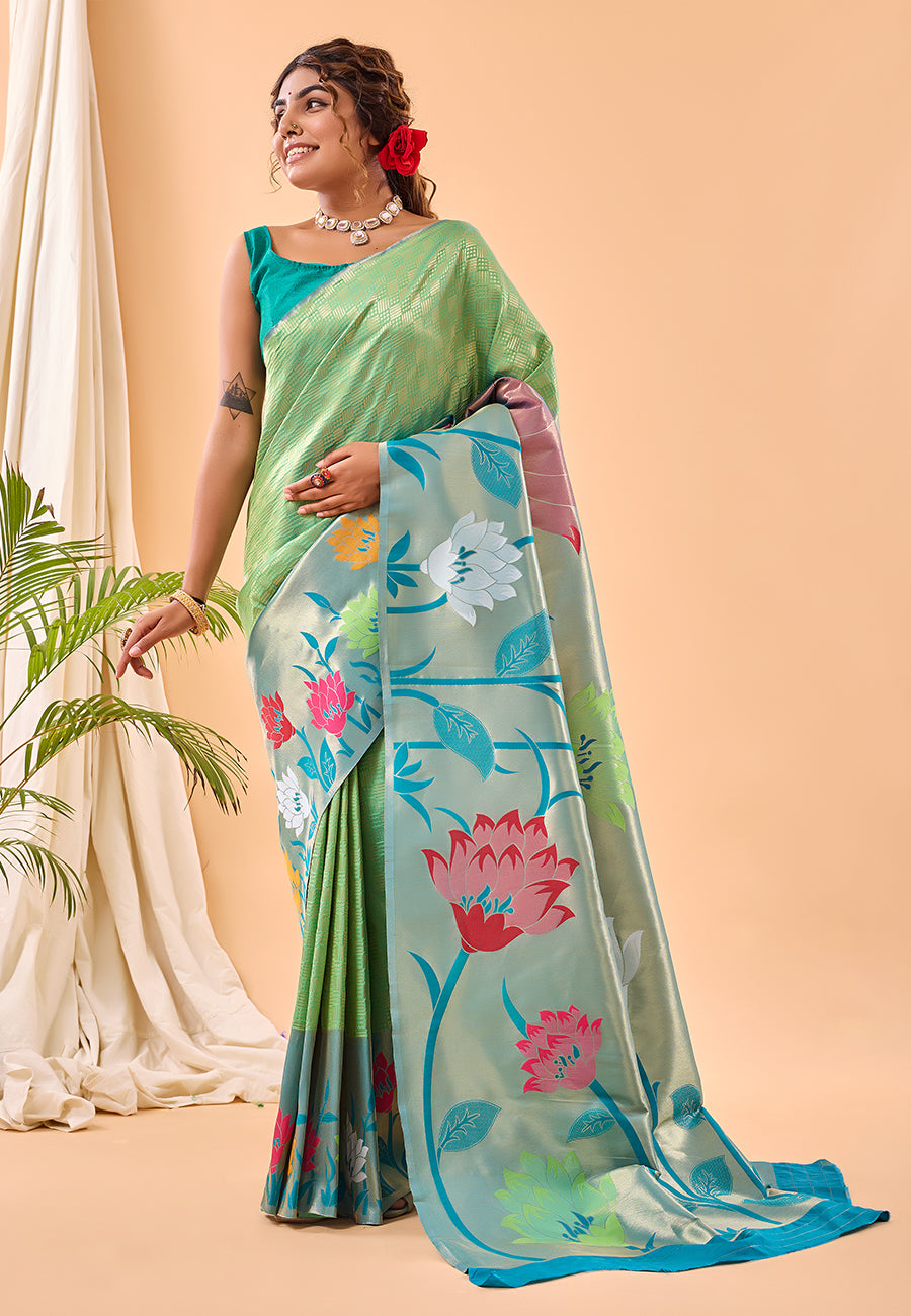 Pistachio Green Fulrani Paithani Silk Woven Saree