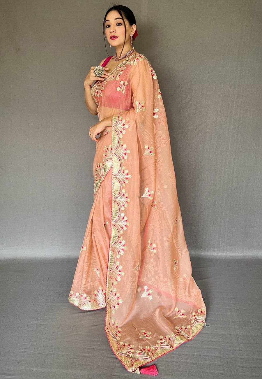 Peach Deepanjali Organza Shimmer Embroidered Saree