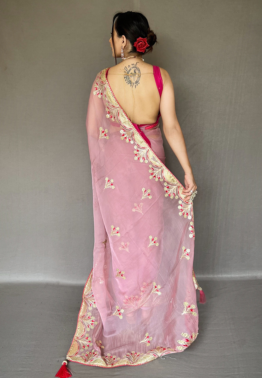 Pink Deepanjali Organza Shimmer Embroidered Saree