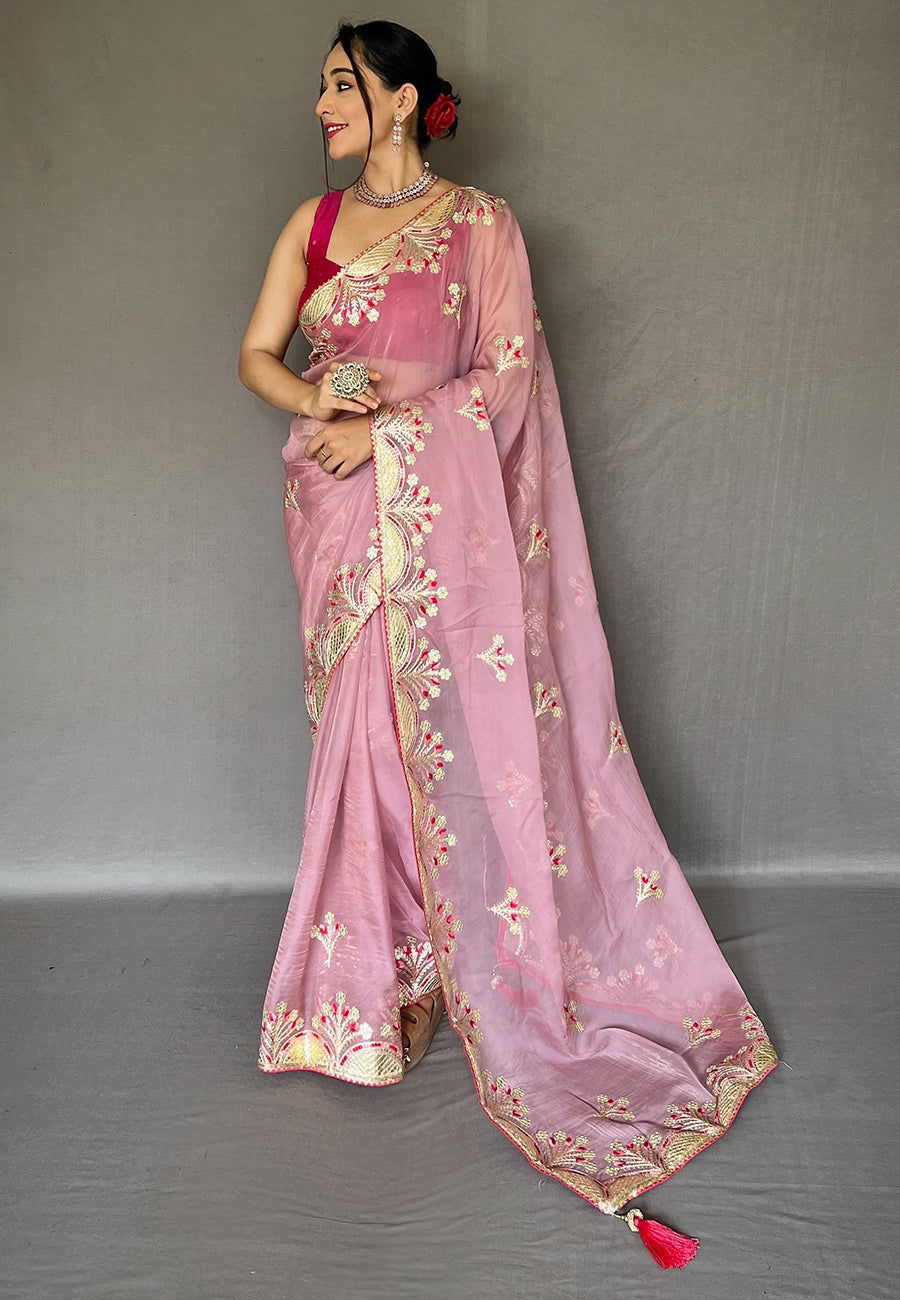 Pink Deepanjali Organza Shimmer Embroidered Saree