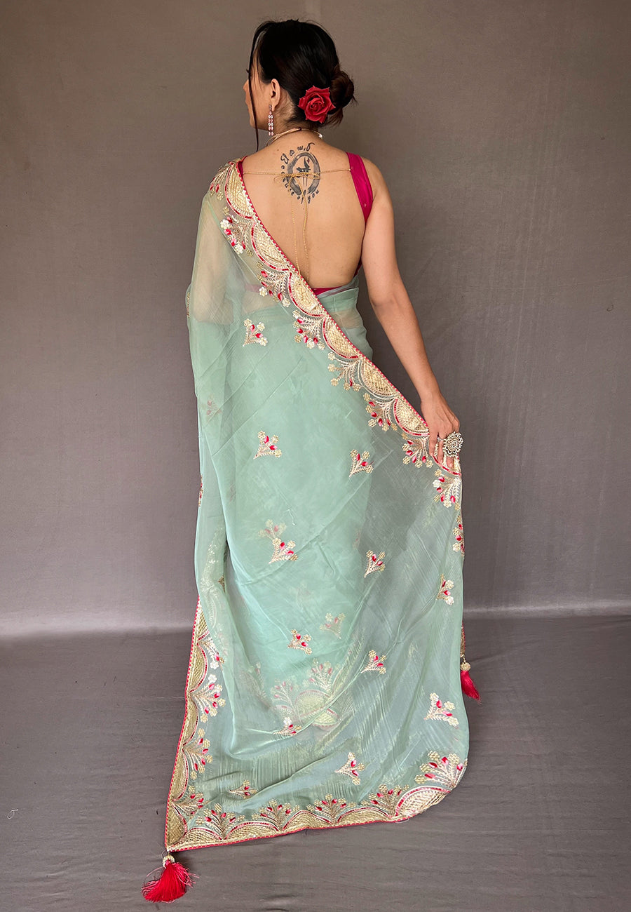 Sea Green Deepanjali Organza Shimmer Embroidered Saree