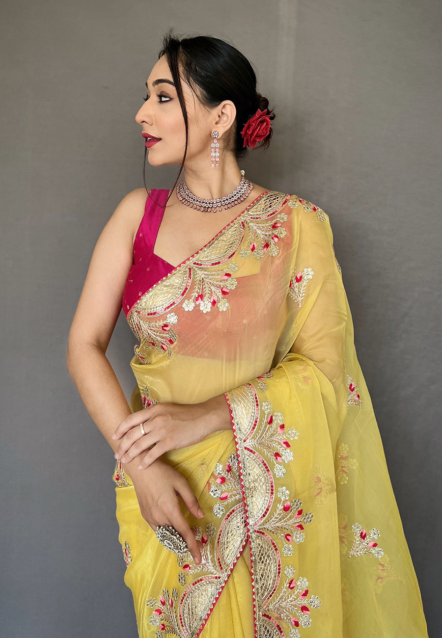 Yellow Deepanjali Organza Shimmer Embroidered Saree