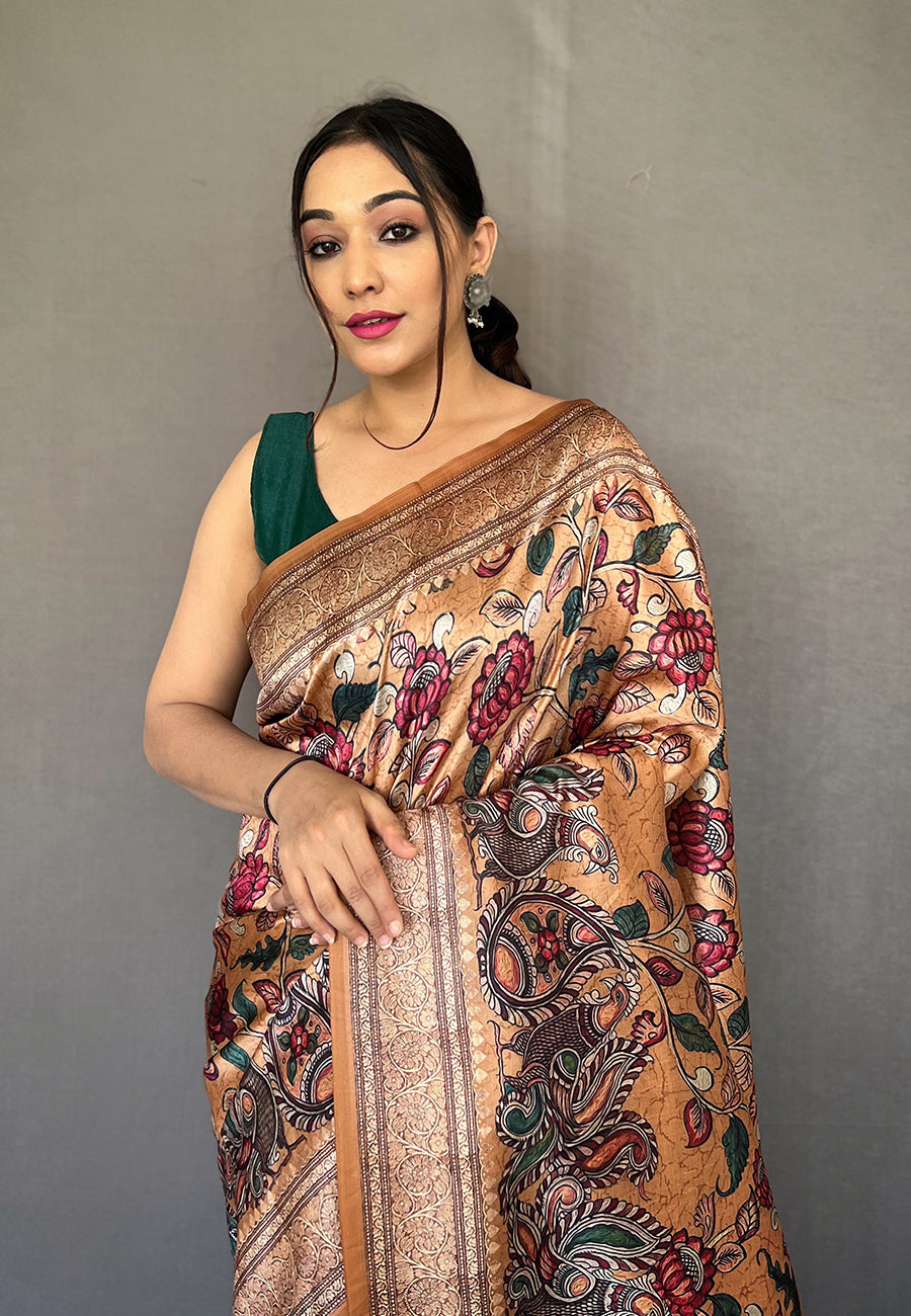 Camel Brown Diva Soft Silk Kalamkari Printed Saree