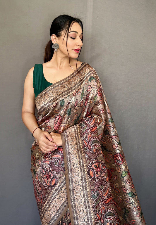 Ash Grey Diva Soft Silk Kalamkari Printed Saree