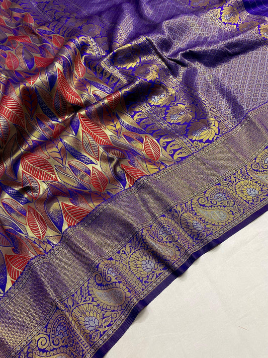 Dark Purple Silk Kanchipattu Saree With Weaving Border