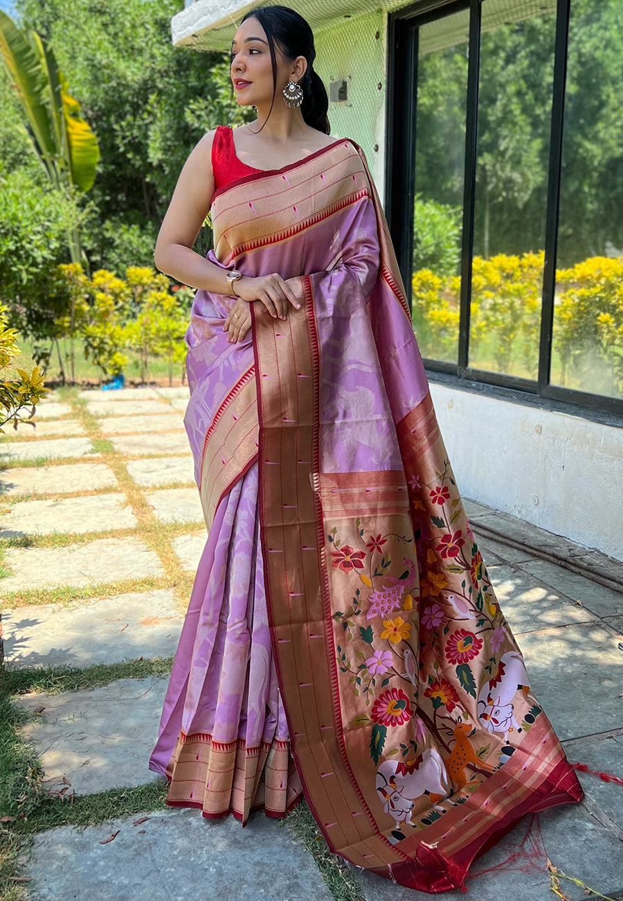 Lavender Gauri Paithani Silk Pichwai Woven Saree