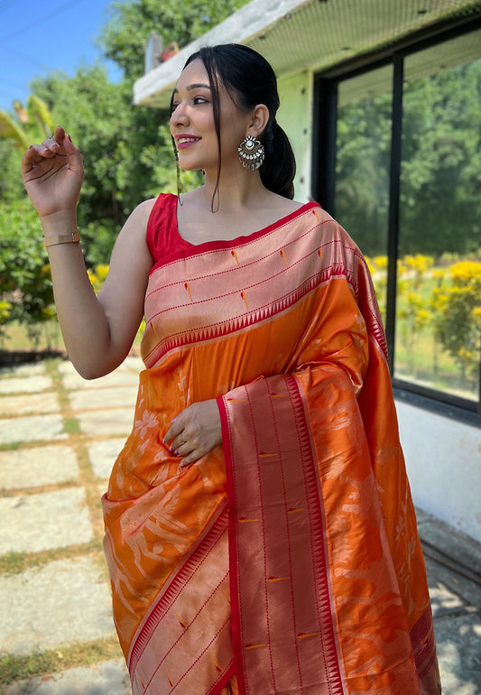 Orange Gauri Paithani Silk Pichwai Woven Saree