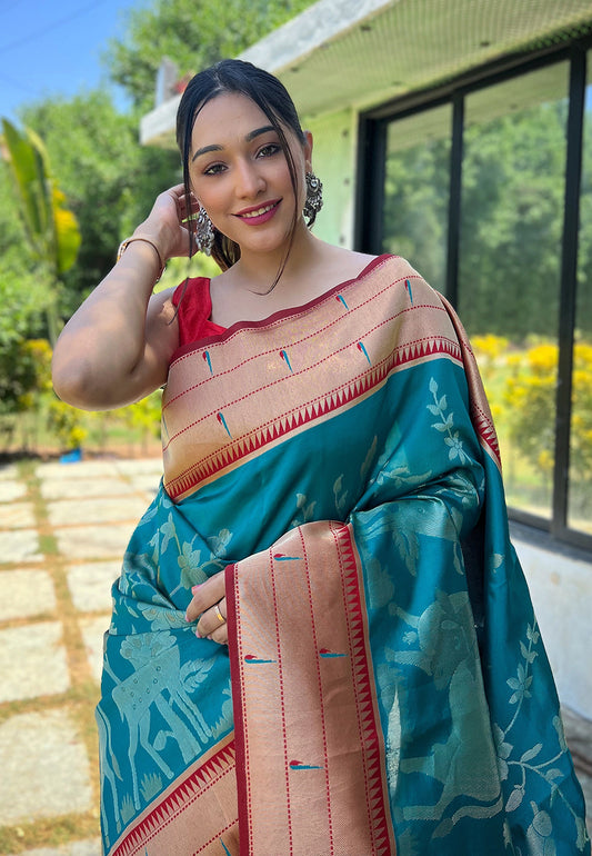 Cyan Blue Gauri Paithani Silk Pichwai Woven Saree