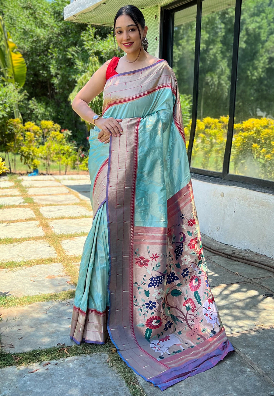 Sky Blue Gauri Paithani Silk Pichwai Woven Saree