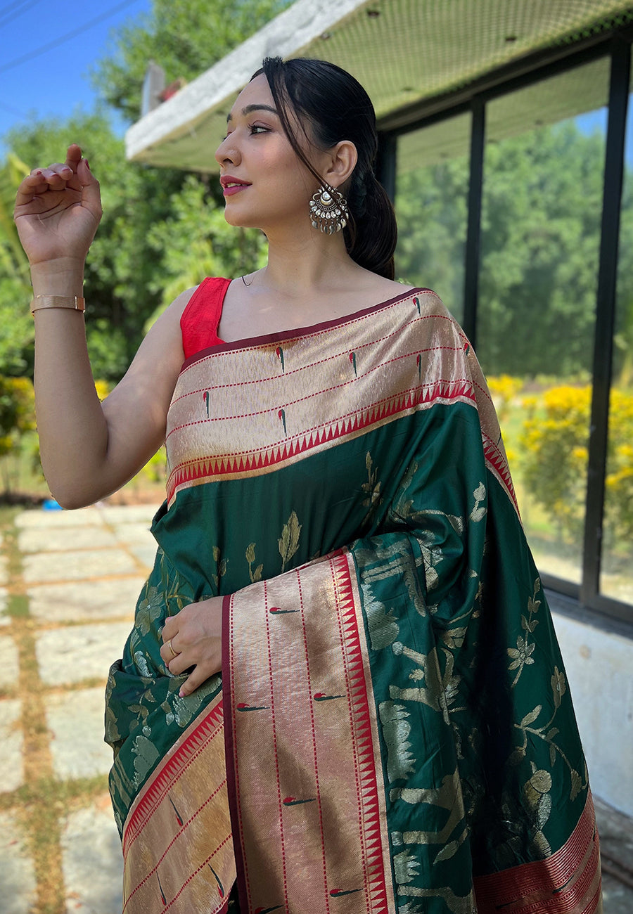 Dark Green Gauri Paithani Silk Pichwai Woven Saree