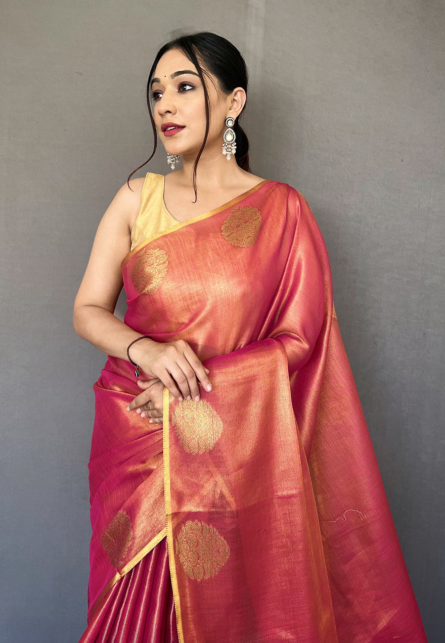 Pure Red Tussar Silk Saree with Tissue Silk Zari Weaves | Mirra Clothing
