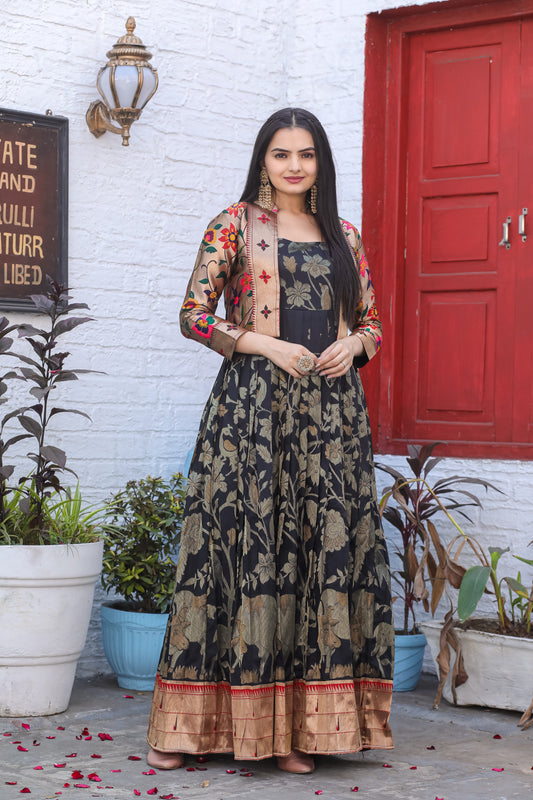 Black Paithani Silk Designer Stitched Flared Gown With Jacket