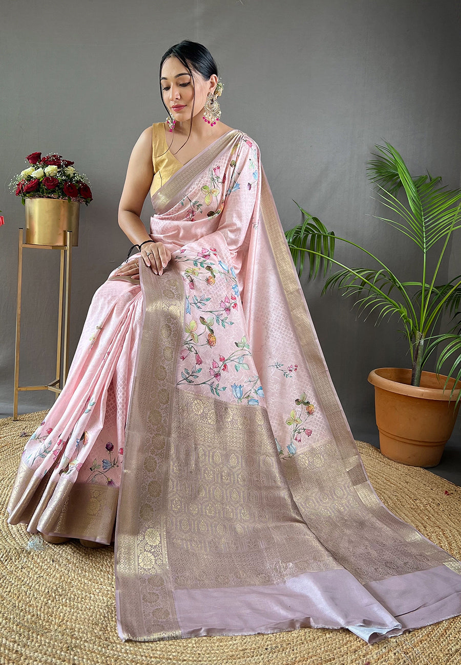 Baby Pink Kiara Soft Silk Floral Printed Woven Saree