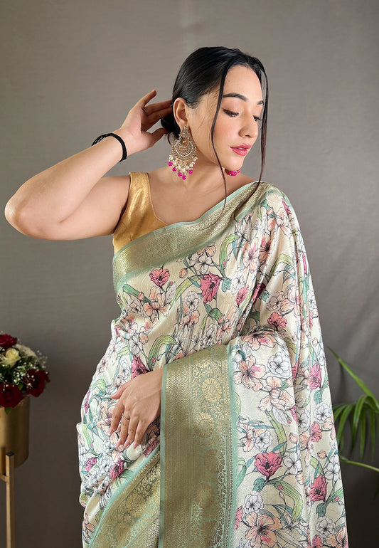 Pista Green Kiara Soft Silk Floral Printed Woven Saree