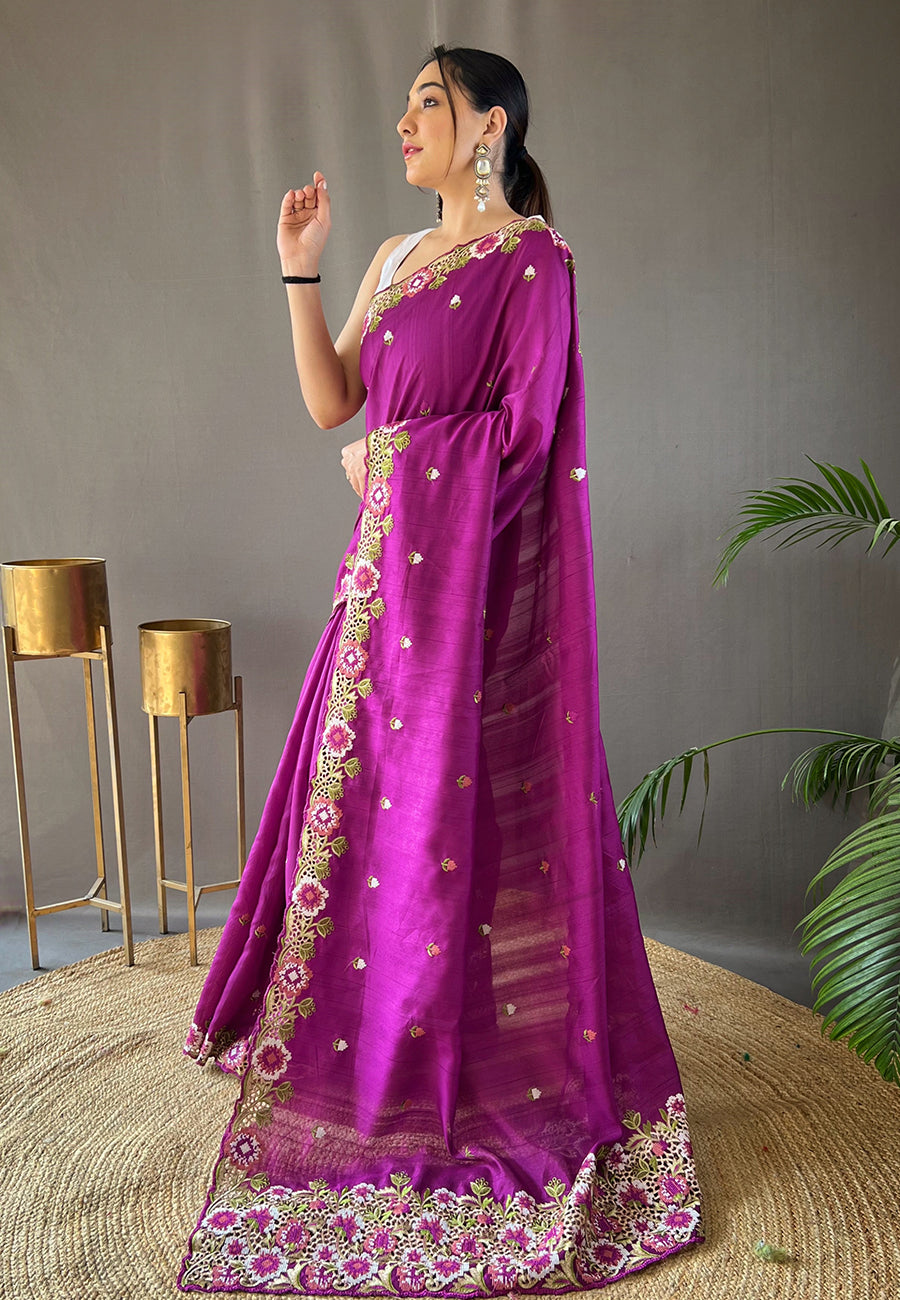Purple Narmada Tussar Silk Embroidered Saree