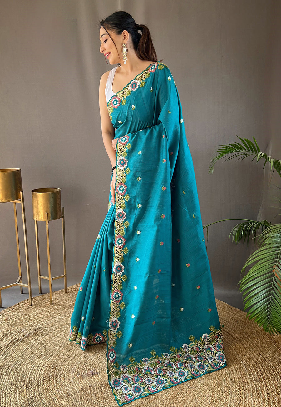 Sky Blue Narmada Tussar Silk Embroidered Saree
