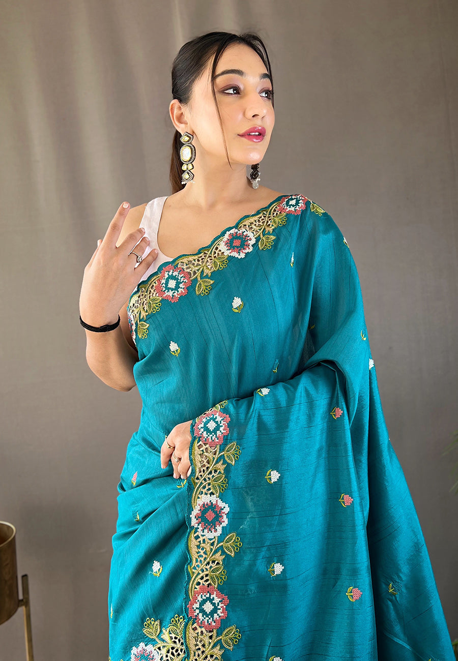 Sky Blue Narmada Tussar Silk Embroidered Saree