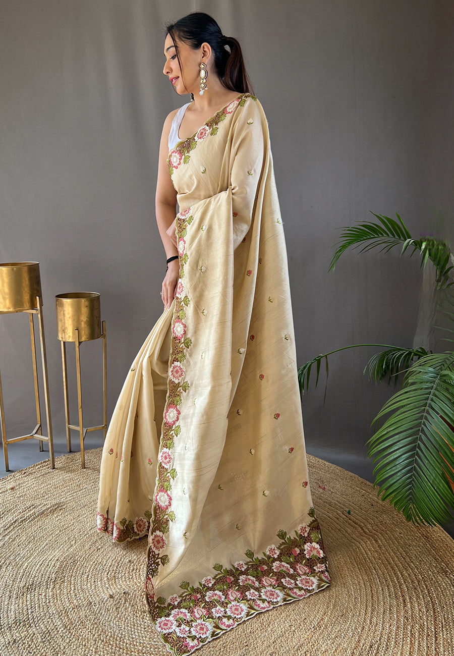 Ivory Narmada Tussar Silk Embroidered Saree