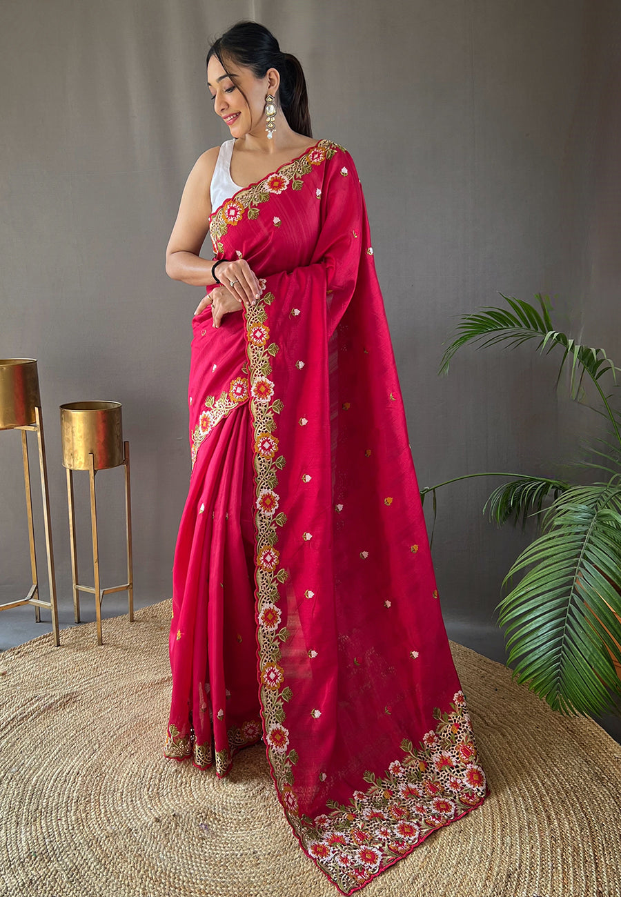 Pink Narmada Tussar Silk Embroidered Saree