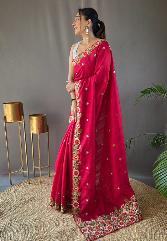 Pink Narmada Tussar Silk Embroidered Saree