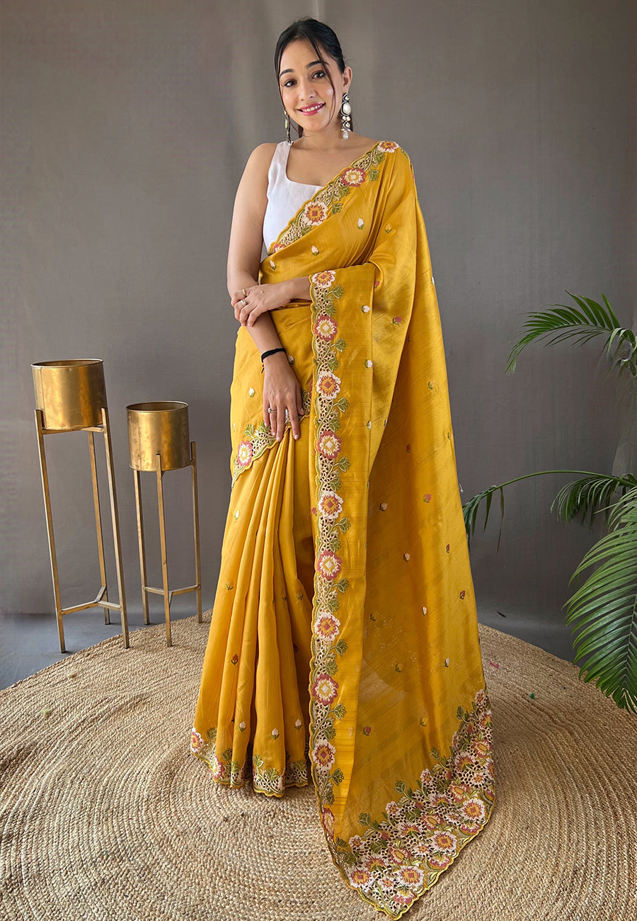 Yellow Narmada Tussar Silk Embroidered Saree