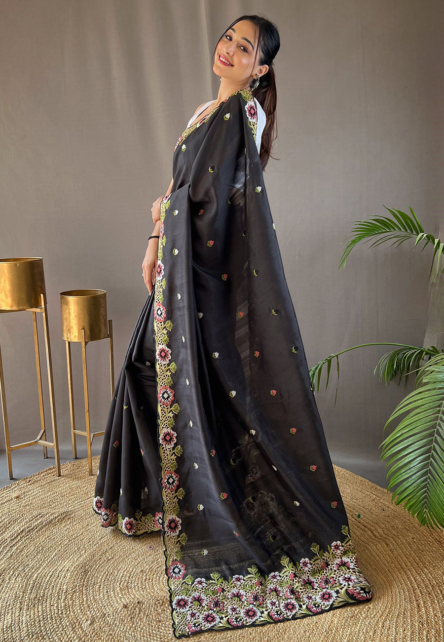 Black Narmada Tussar Silk Embroidered Saree