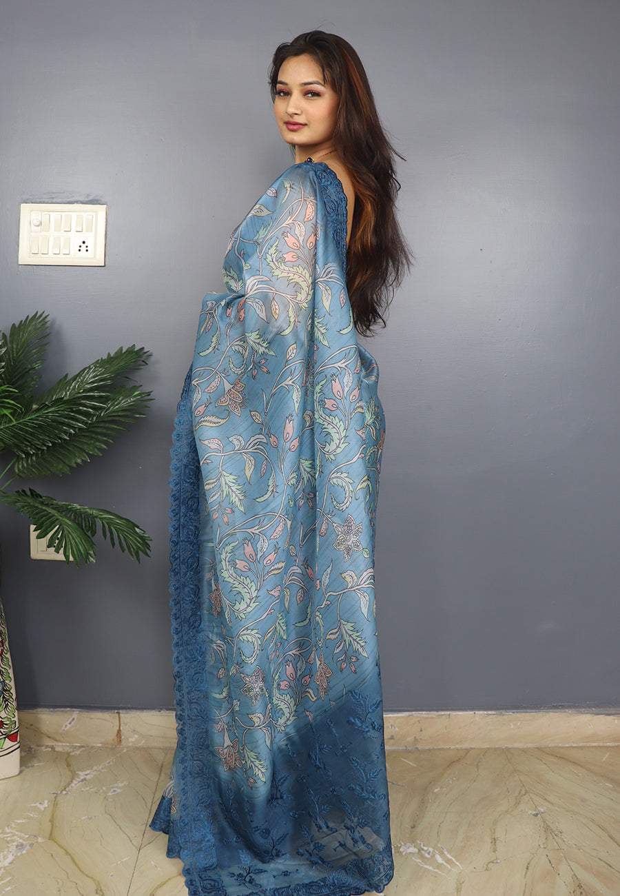 Blue Vrinda Organza Kalamkari Printed Embroidered Saree