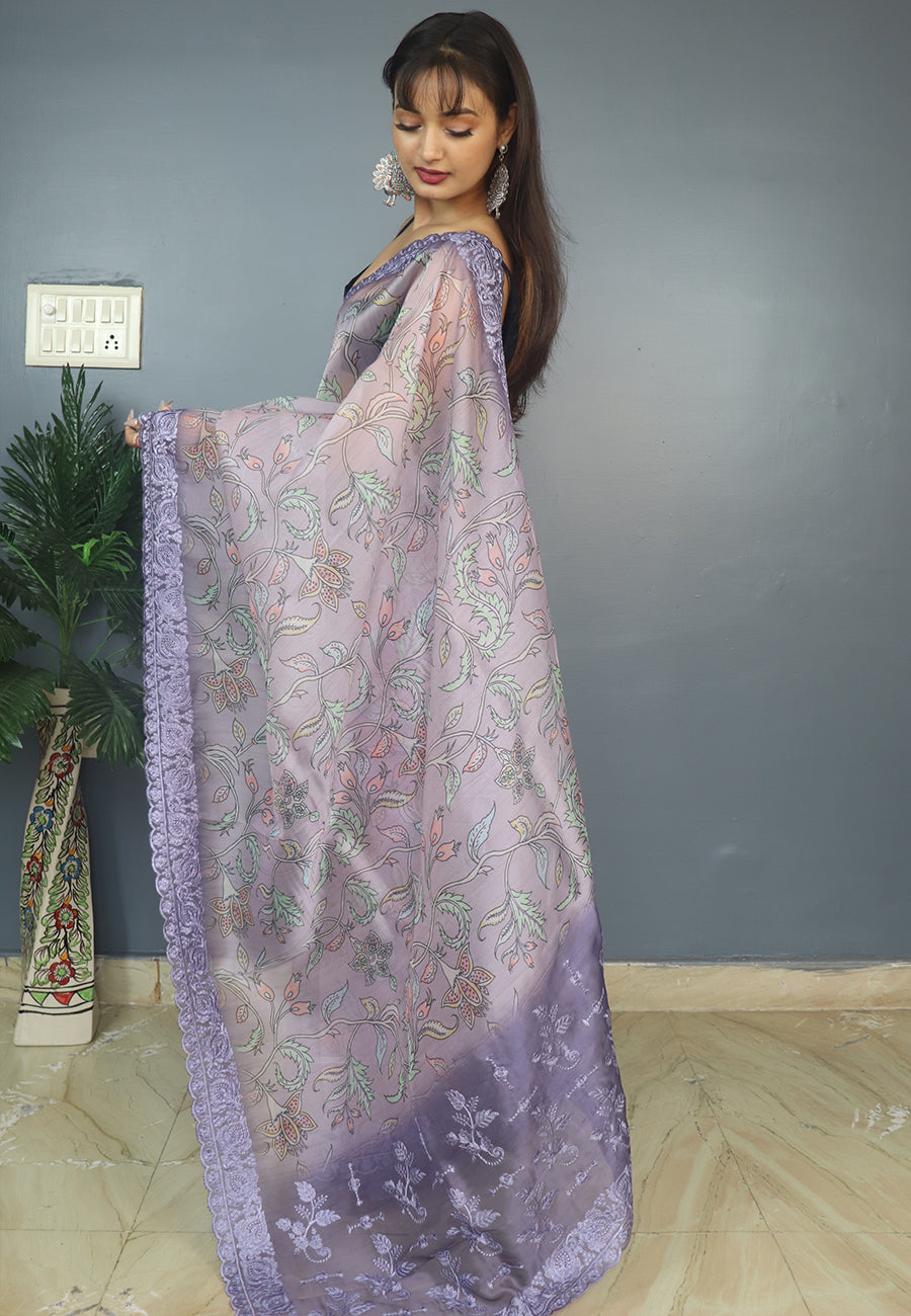 Lavender Vrinda Organza Kalamkari Printed Embroidered Saree