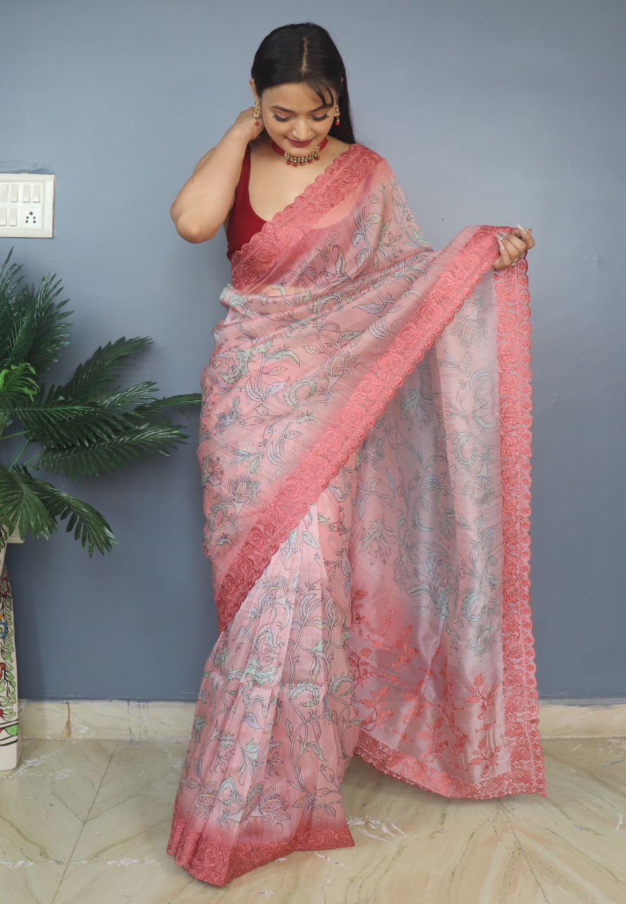Coral Pink Vrinda Organza Kalamkari Printed Embroidered Saree