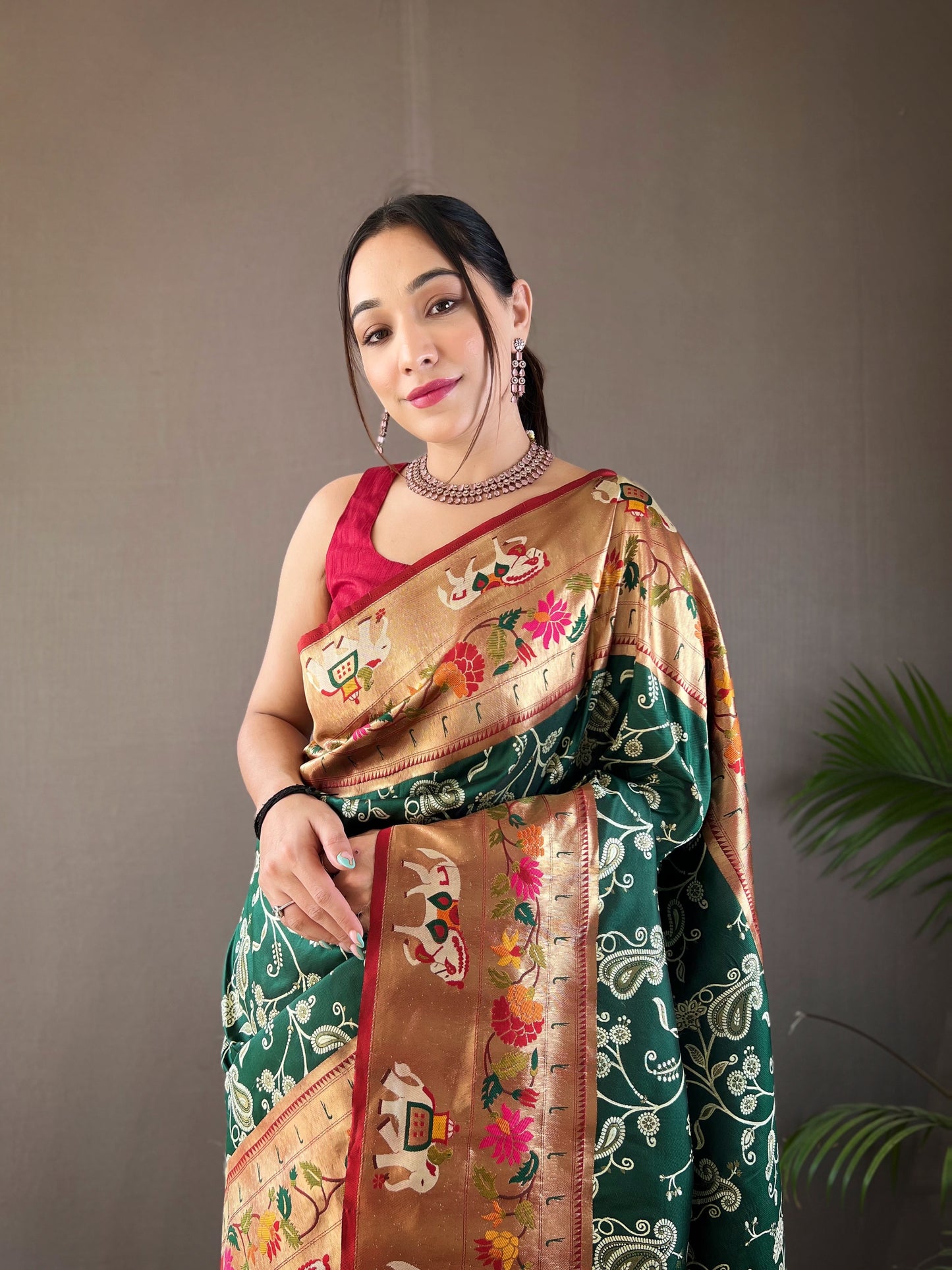 Timber Green Designer Weaving Paithani And Patola Fusion Rich Pallu Saree