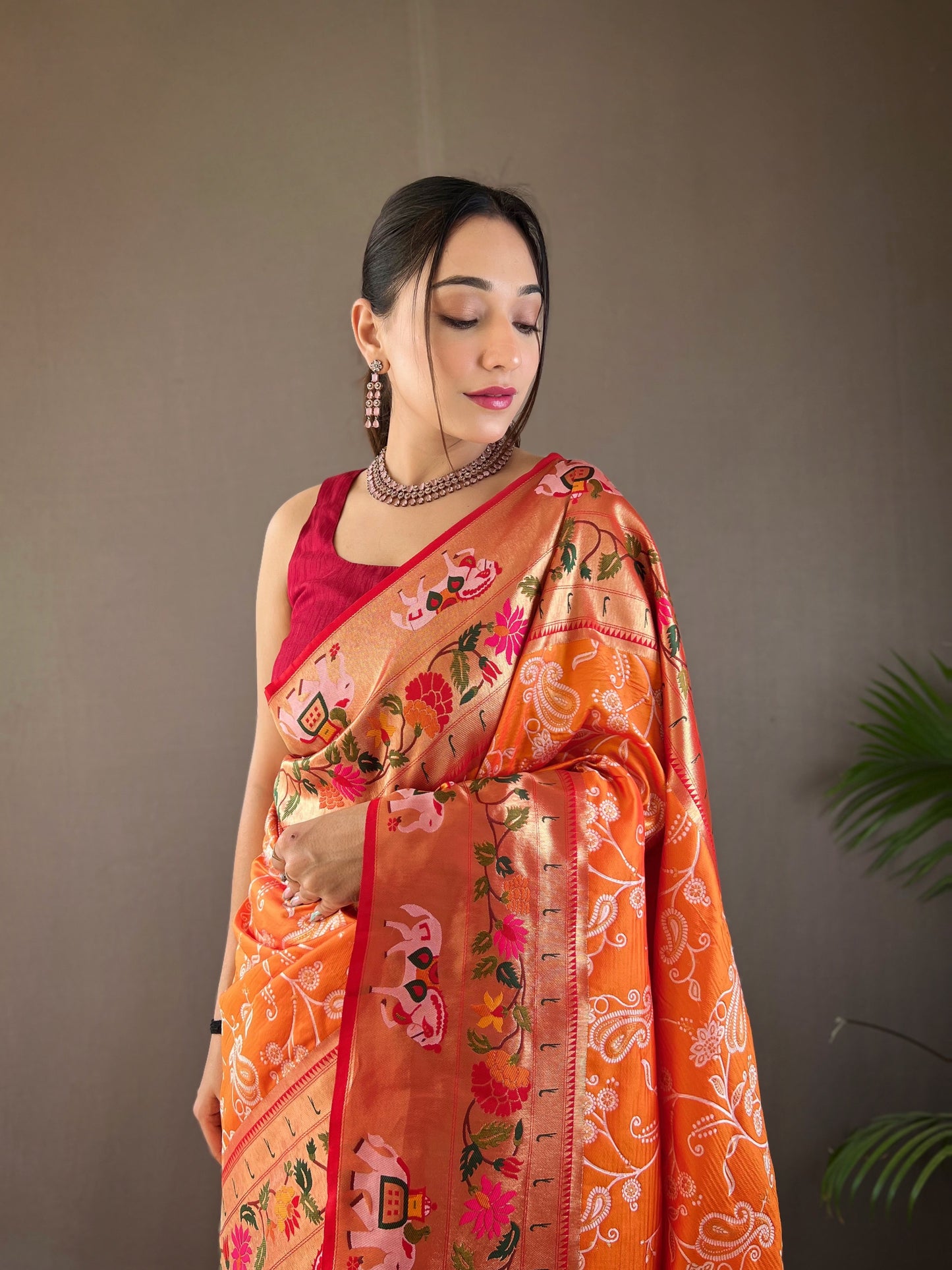 Halloween Orange Designer Weaving Paithani And Patola Fusion Rich Pallu Saree