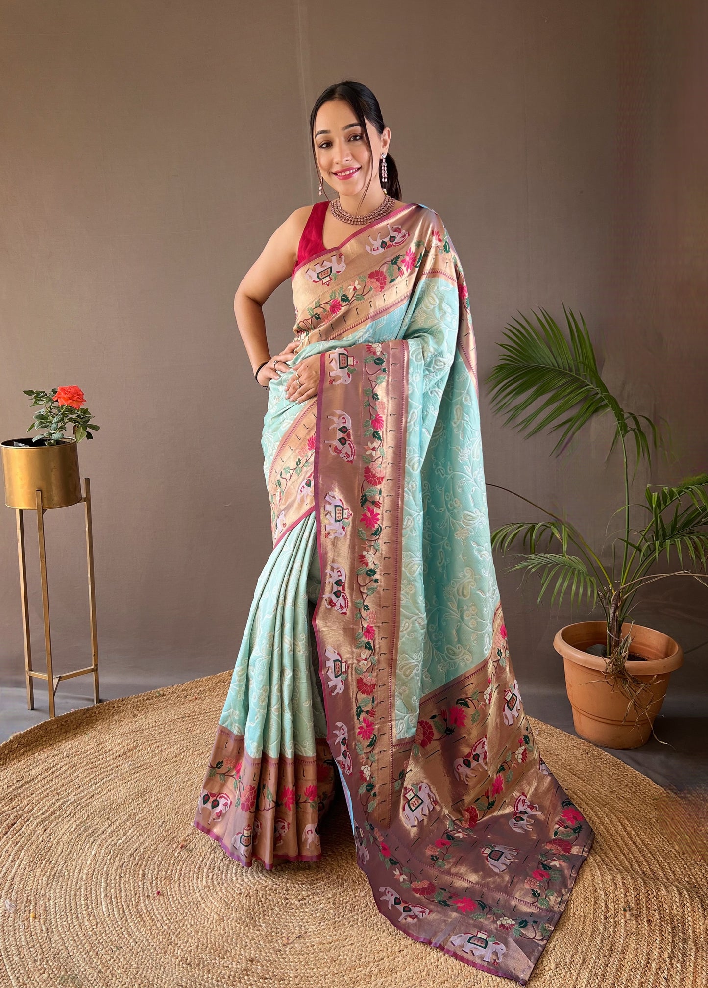 Greenish Cyan Designer Weaving Paithani And Patola Fusion Rich Pallu Saree