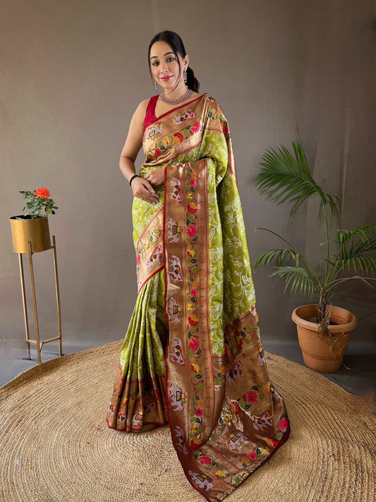 Avocado Green Designer Weaving Paithani And Patola Fusion Rich Pallu Saree