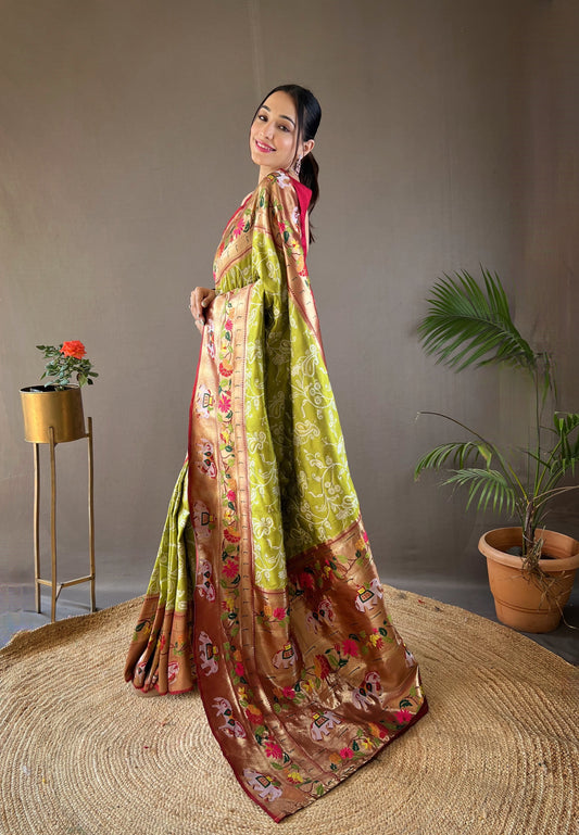 Avocado Green Designer Weaving Paithani And Patola Fusion Rich Pallu Saree