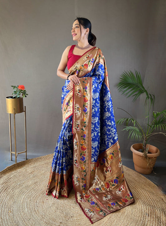 Tealish Blue Designer Weaving Paithani And Patola Fusion Rich Pallu Saree