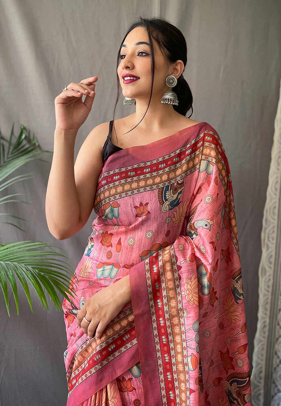 Kadambari Cotton Kalamkari Printed Saree Pink