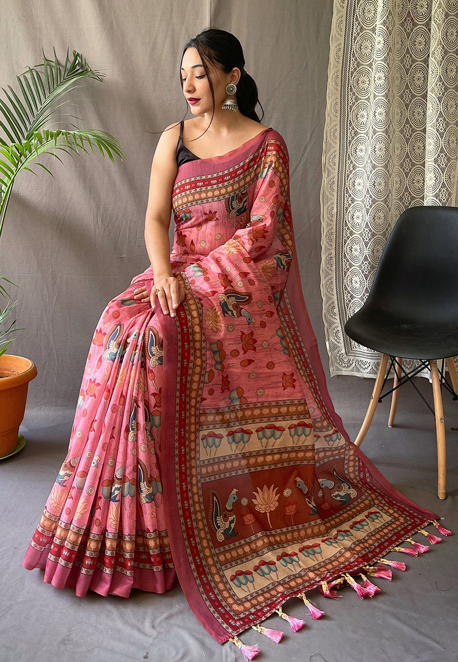 Kadambari Cotton Kalamkari Printed Saree Pink
