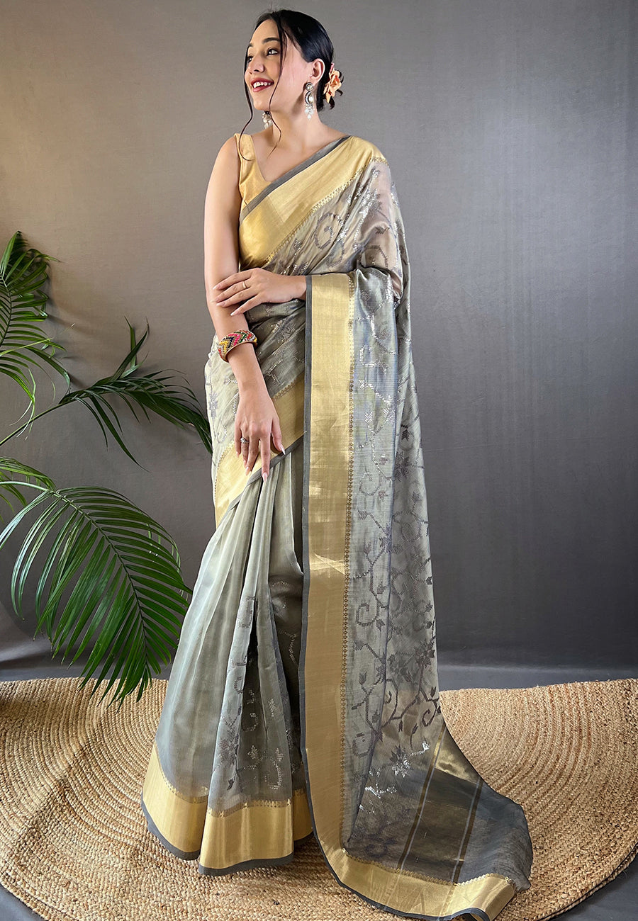 Grey Hazel Tissue Silk Sequins Embroidered Designer Saree