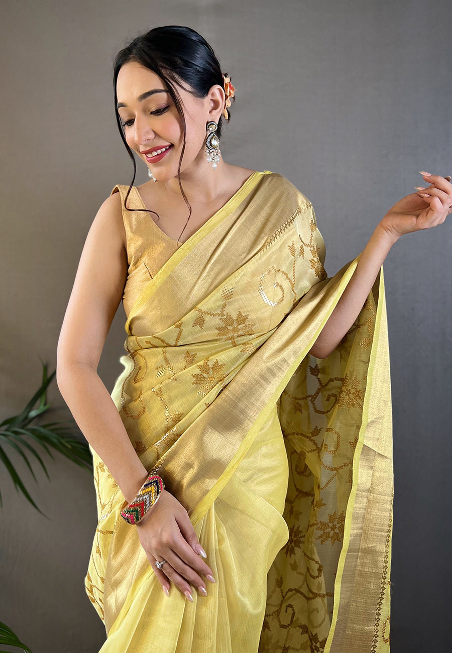 Yellow Hazel Tissue Silk Sequins Embroidered Designer Saree