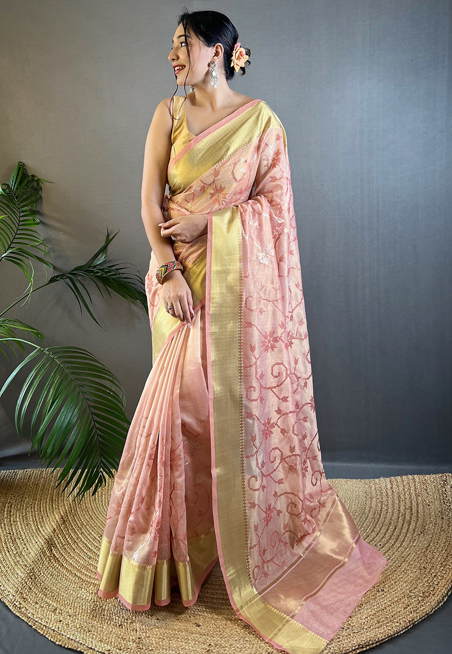 Pink Hazel Tissue Silk Sequins Embroidered Designer Saree