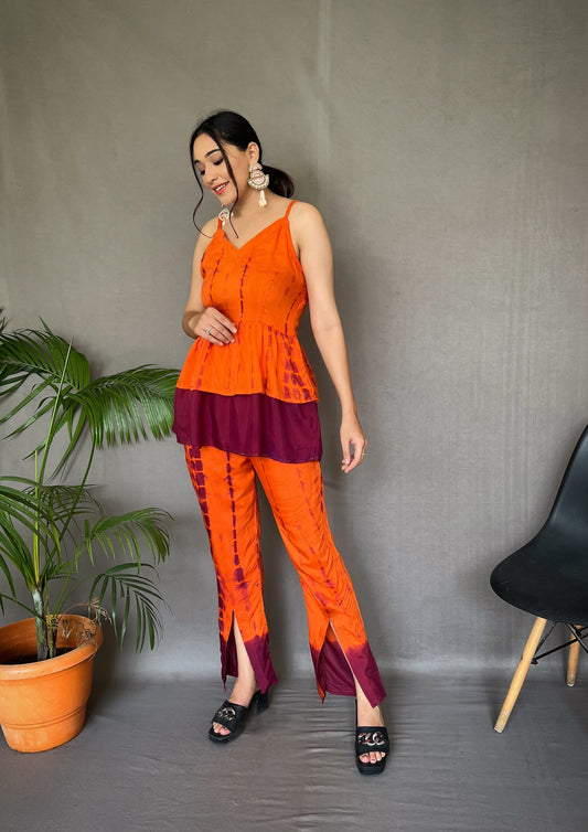 Mango Orange Designer Western Muslin Silk Sibori Printed Cord Set