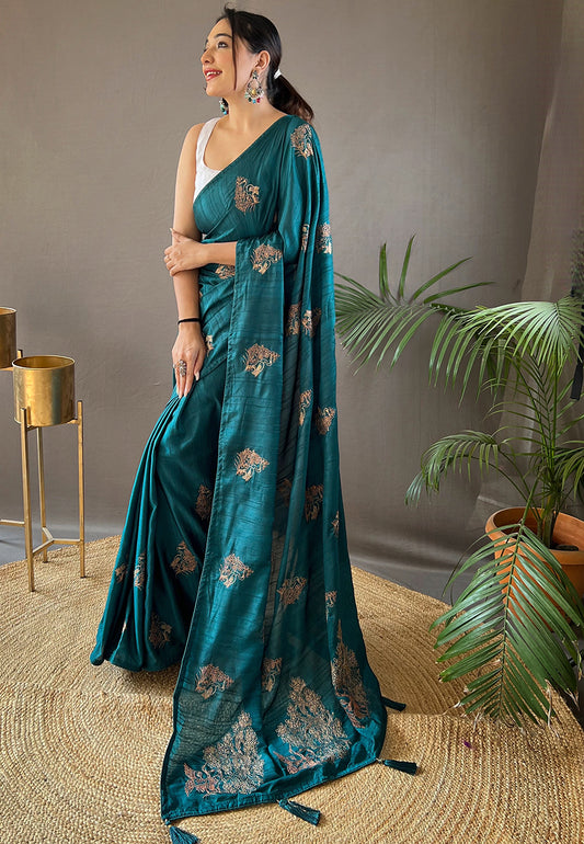 Teal Blue Amaya Silk Embroidered Saree